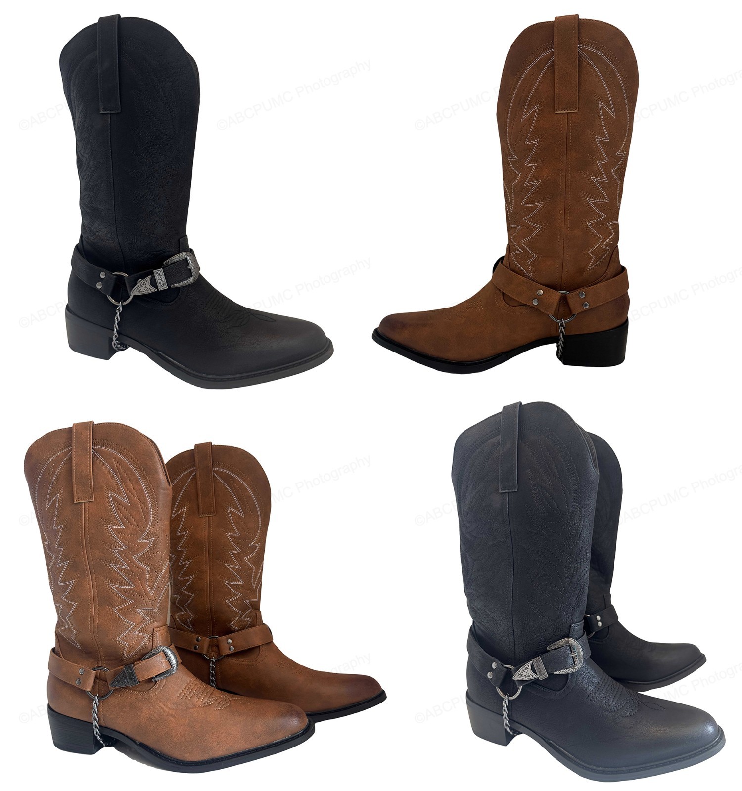 Brand New Men's Cowboy Boots Mid Calf Western Chain Buckle Harness Dress Shoes