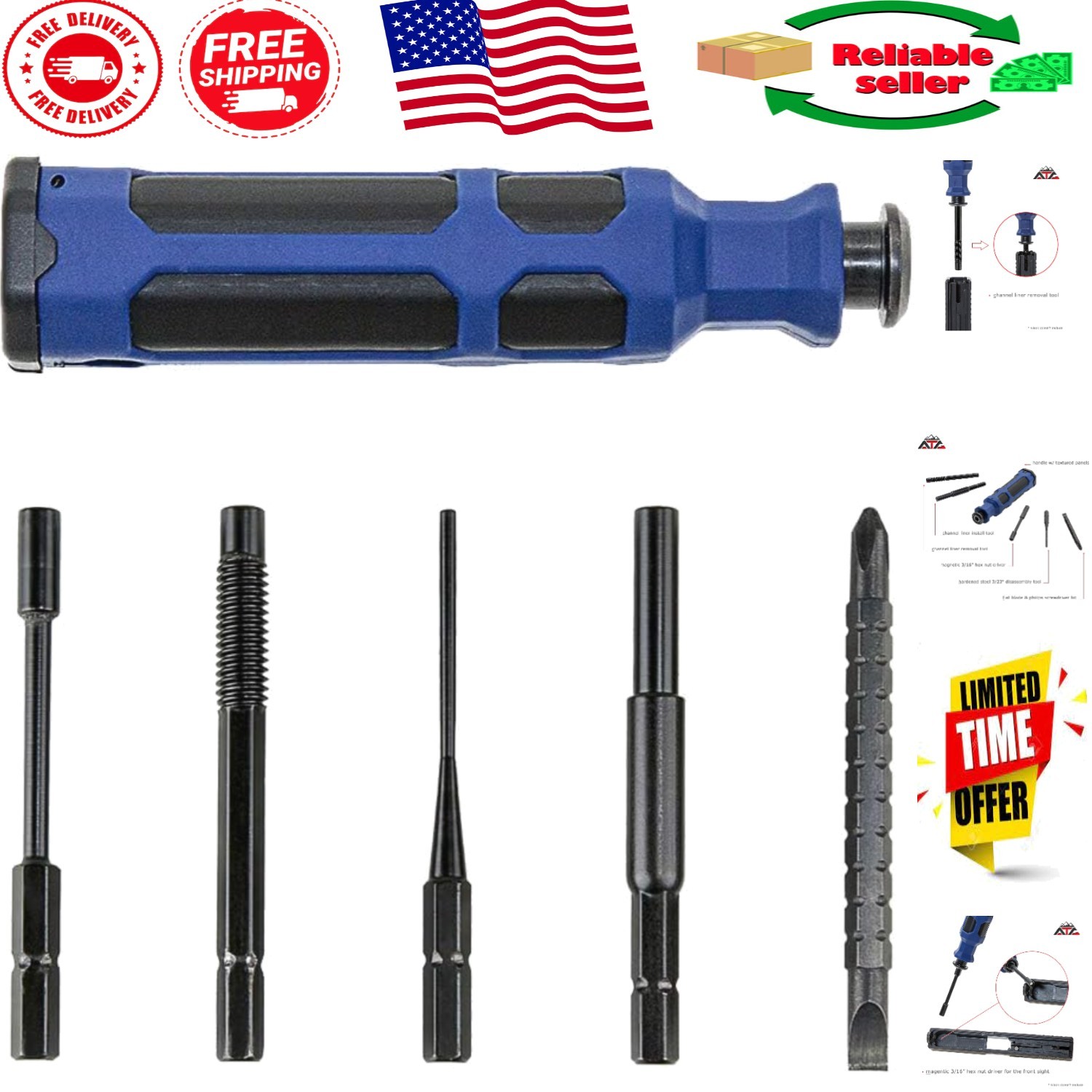 Alloy Steel Dovetailed Rear Sight Pusher Tool for Glock Handguns - Blue & Black