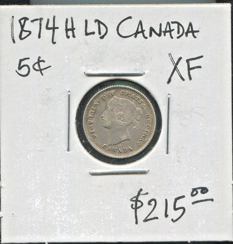 CANADA - BEAUTIFUL HISTORICAL QV SILVER 5 CENTS, 1874 H, CROSSLET 4, KM# 2