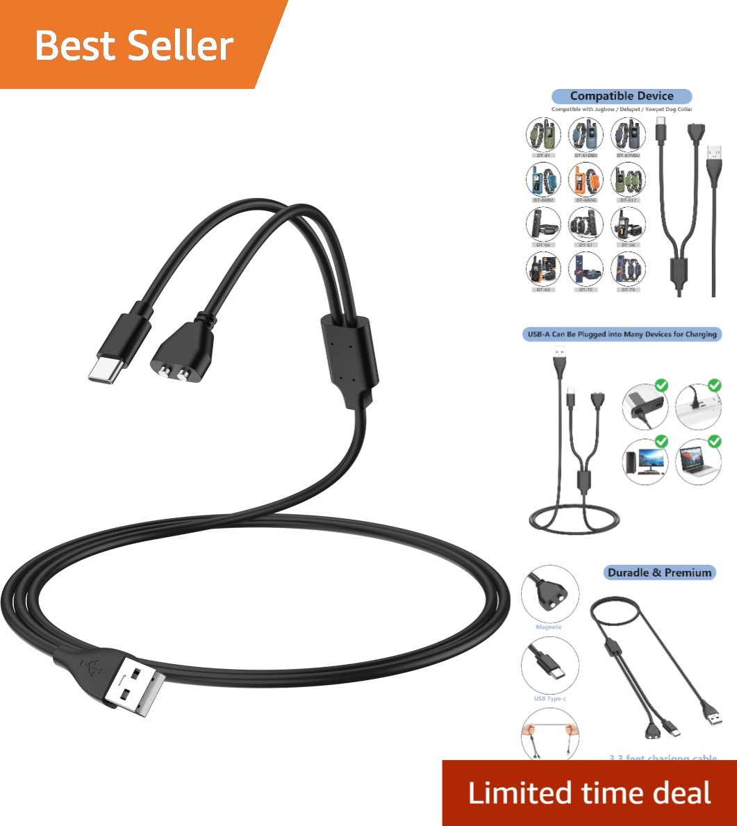 Durable 3.3ft 2-in-1 Charger for Delupet/Yawpet/Jugbow Dog Training Collars