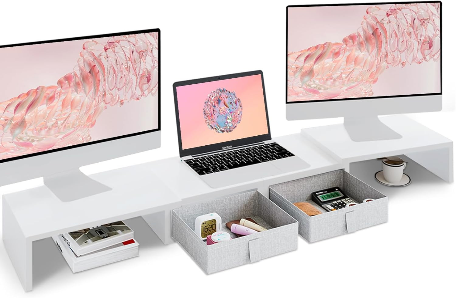 Adjustable Dual Monitor Stand Riser with Storage Drawers - White Wood Organizer