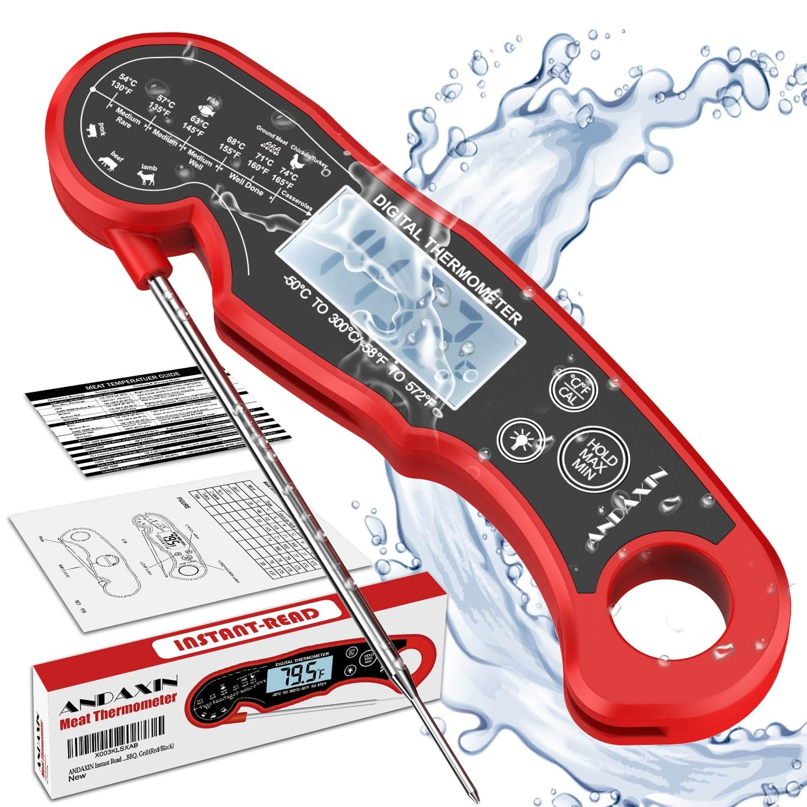 Digital Meat Thermometer for Grilling & Cooking, Waterproof, LCD
