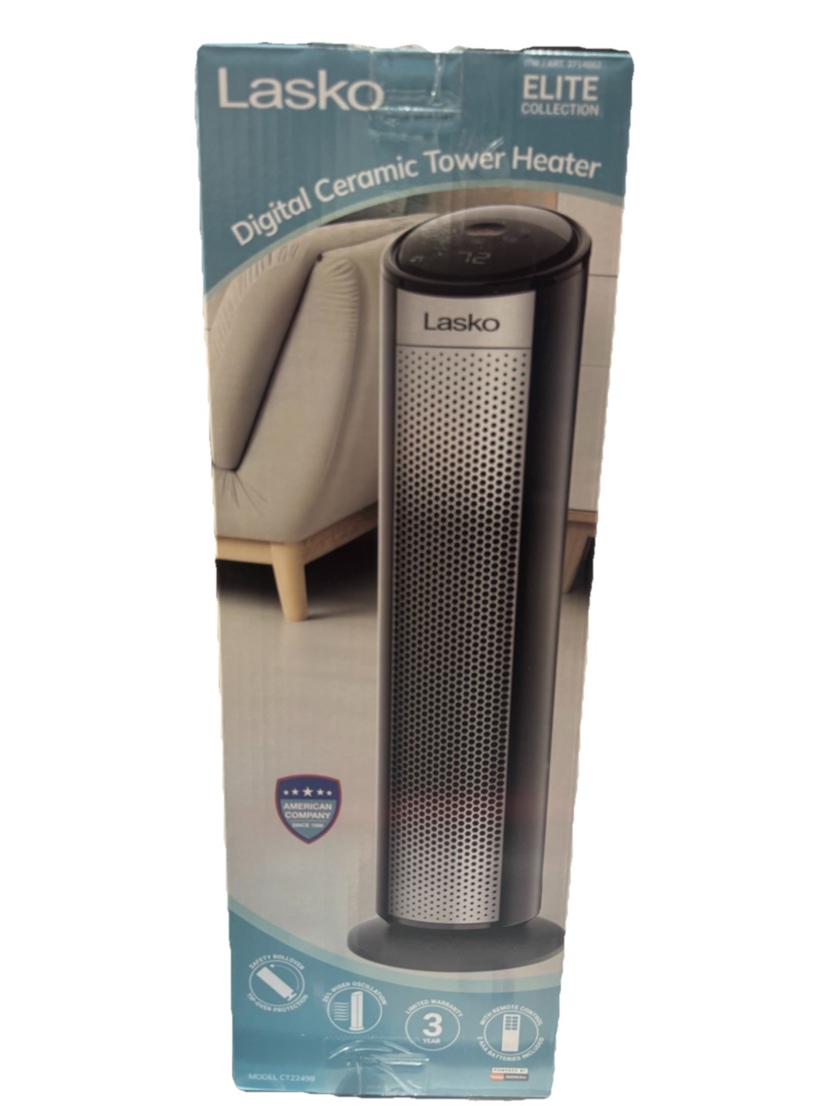 Lasko 22" CT22498 Elite Collection Digital Ceramic Tower Space Heater AUTO Eco