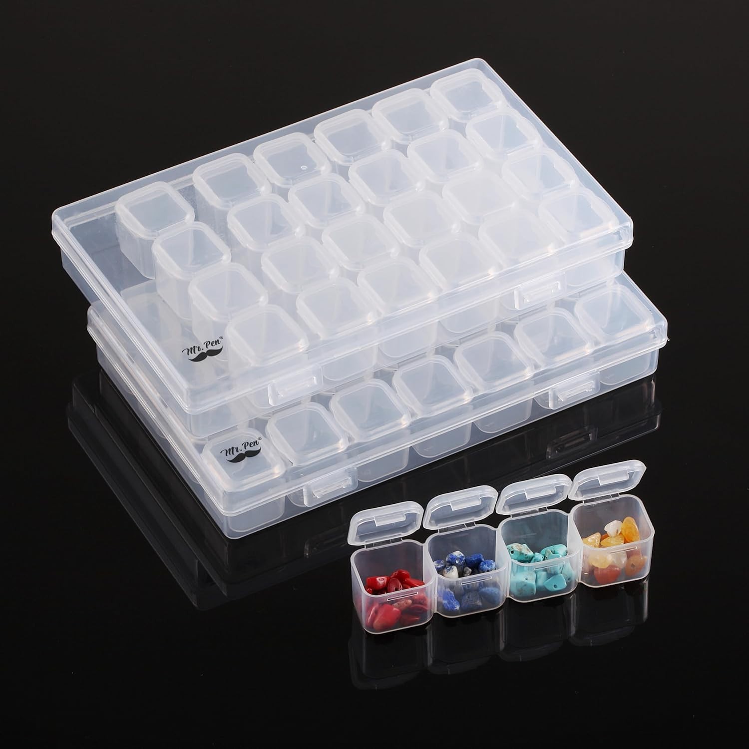 Water-Resistant 28 Compartment Bead Storage Box - Transparent Design, 2 Pack