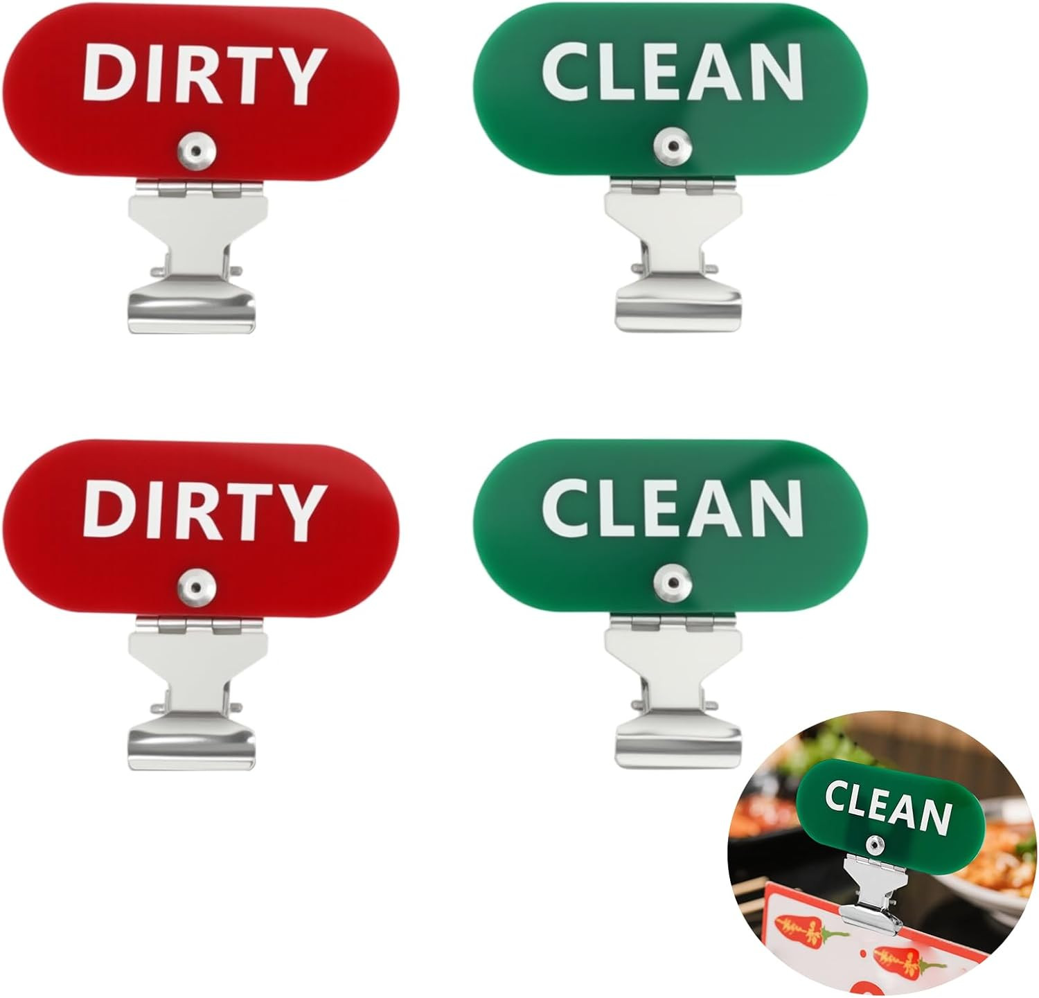 4 Pack Laundry Basket Labels with Stainless Steel Clips, Red and Green Clean Dir