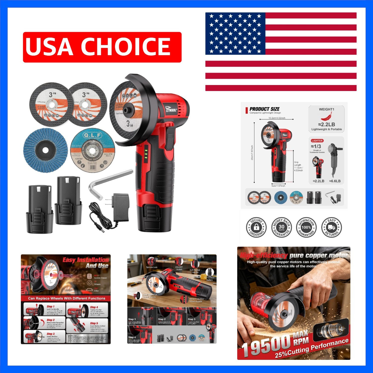 12V Cordless Angle Grinder, 3-Inch Mini Angle Grinder with 19500RPM Pure Copp...