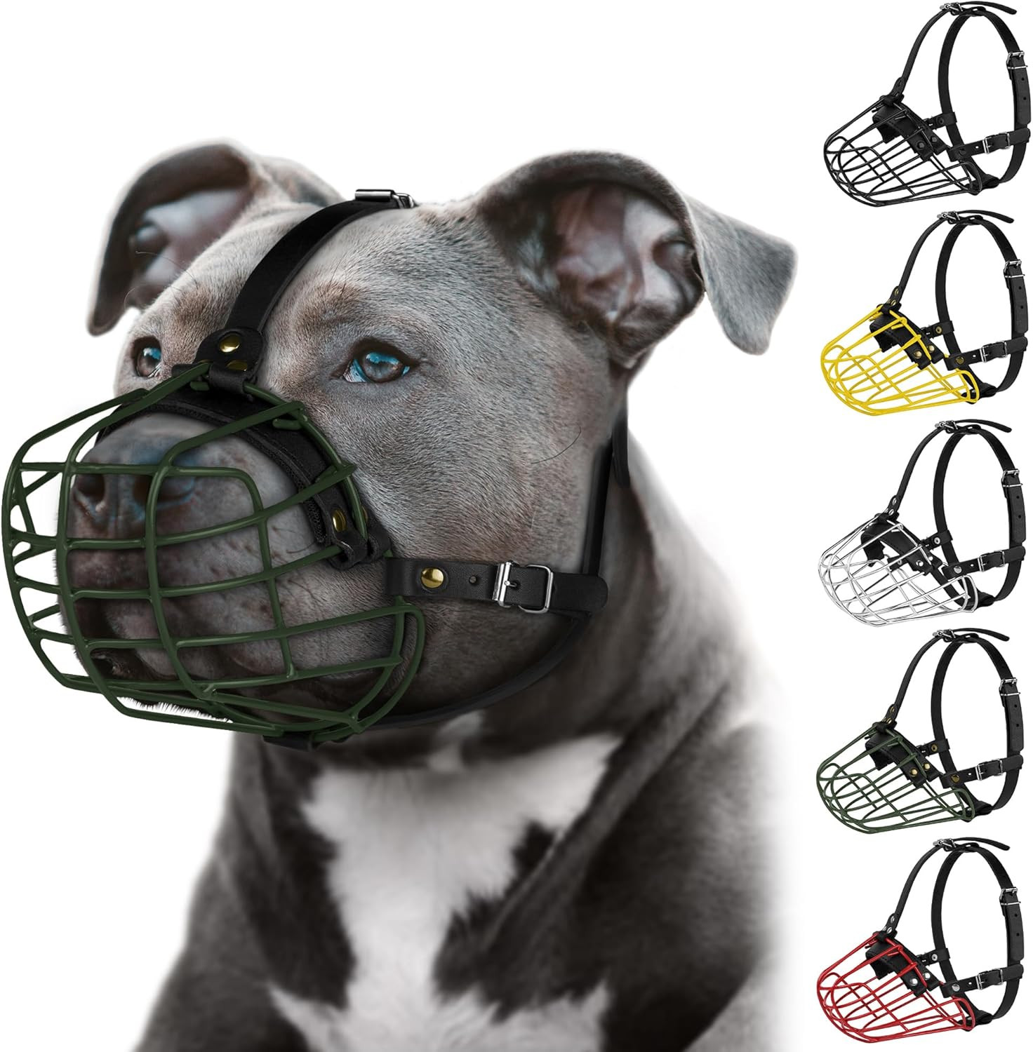 Pitbull Dog Muzzle Metal Mask Amstaff Secure Wire Basket Adjustable Durable Leat