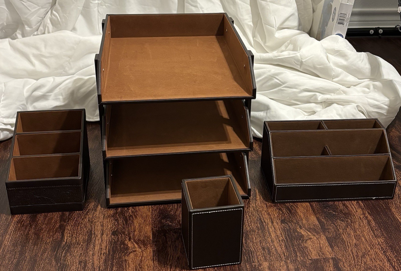 Faux Leather Desktop Organizer Set w/ 3-Tier Letter Tray, Organizers, Pencil Cup