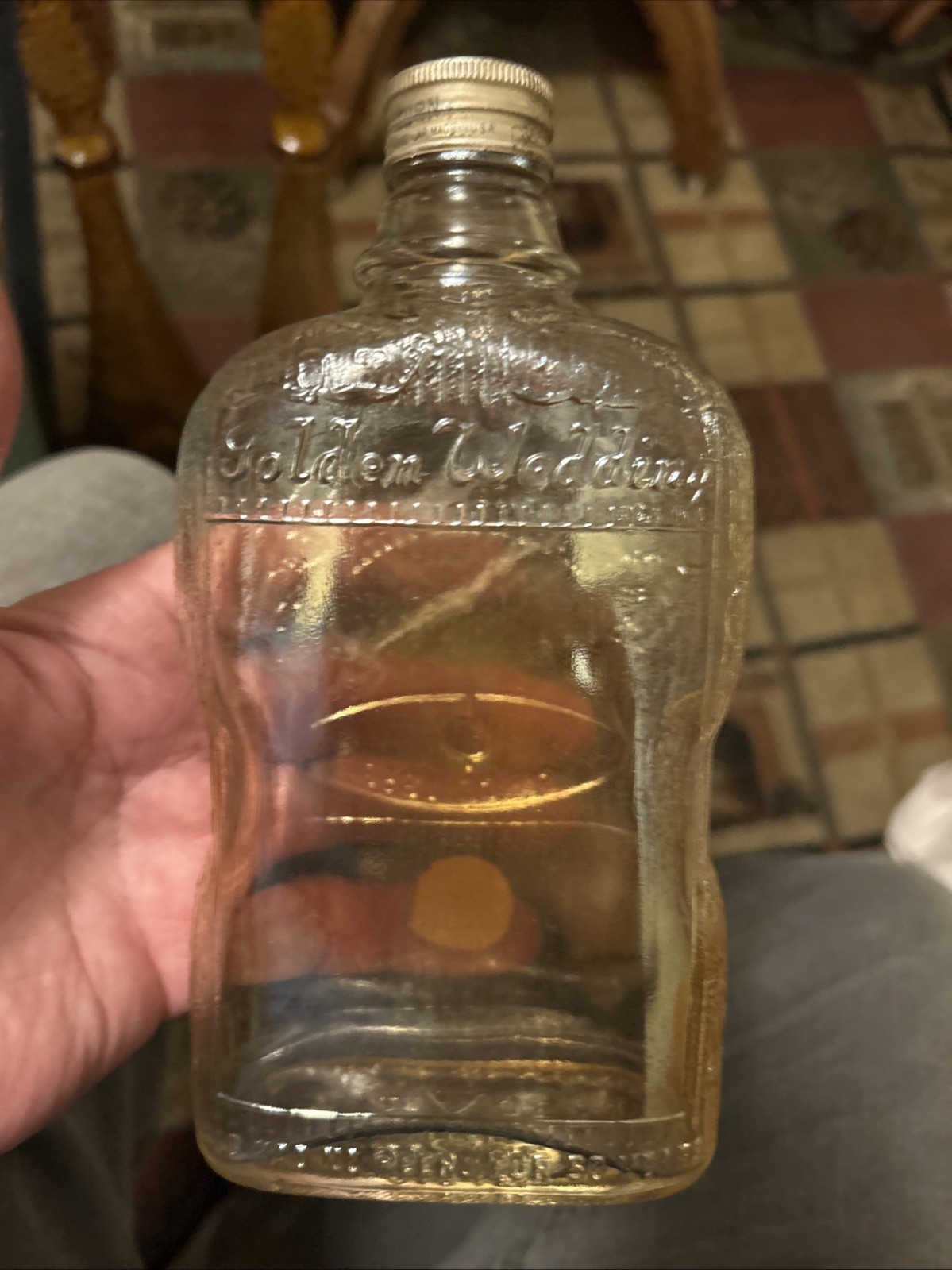 Vintage Golden Wedding Empty Whiskey Bottle Carnival Colored