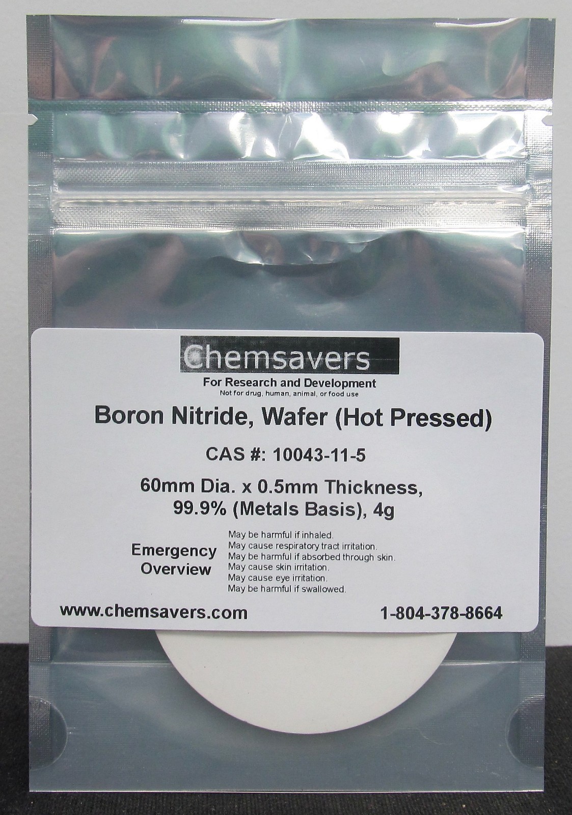 Boron Nitride, Wafer (Hot Pressed), 60mm Dia. x 0.5mm Thickness, 99.9%, (MB), 4g