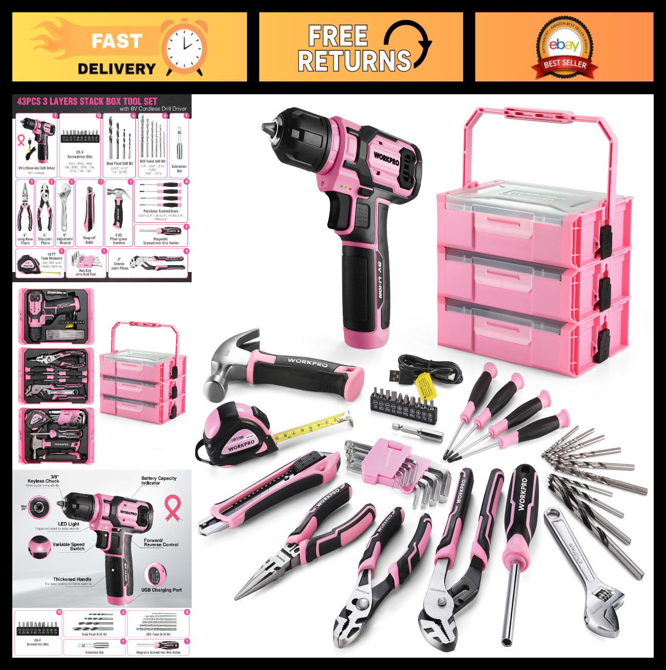 43PCS Pink Tool Set with 8V Cordless Drill, Electric Screwdriver & Toolbox - Hom