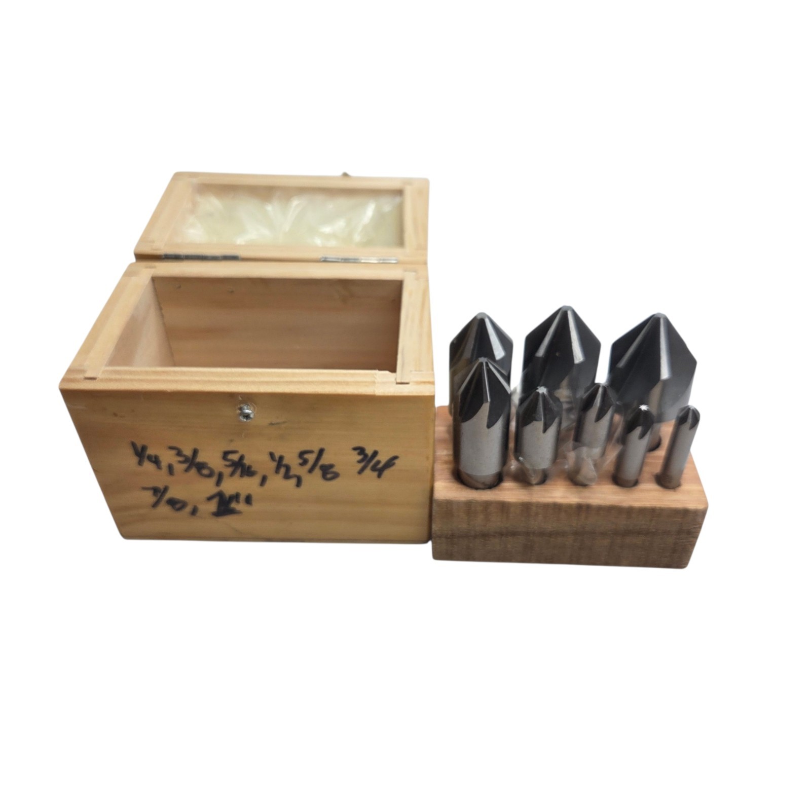 82°Degrees HSS Countersink 8 Bit Set Wood Storage Box 1/4- 1 Inch EUC