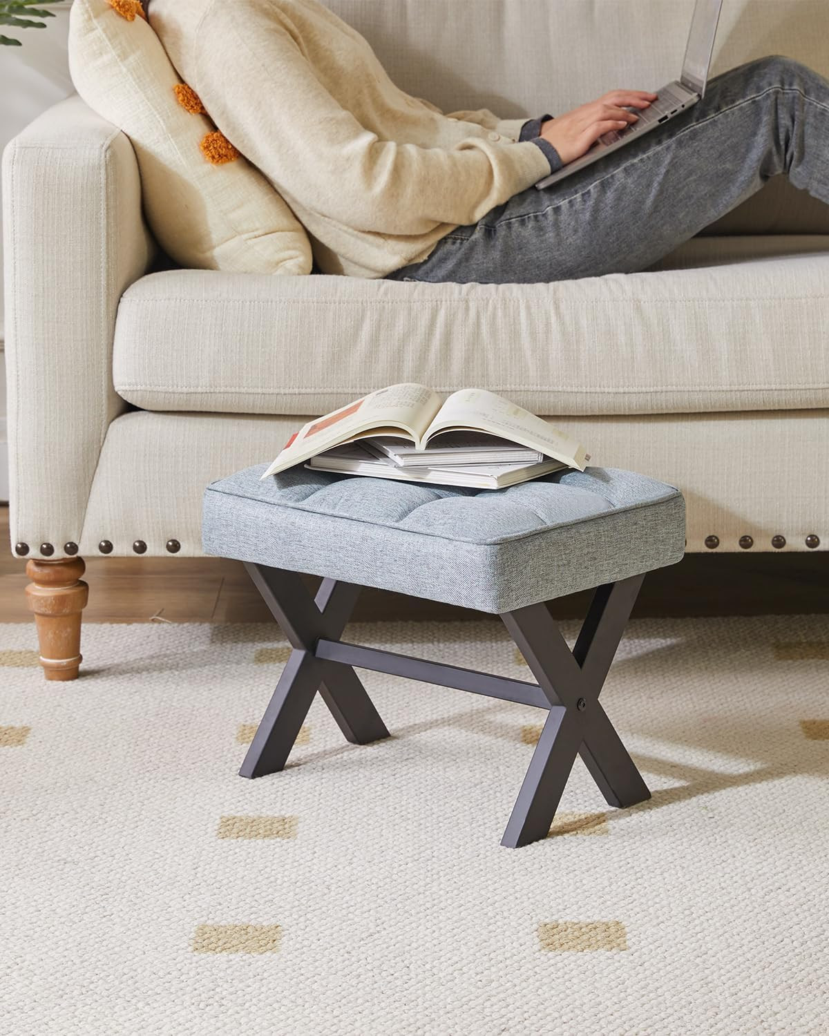 Small Square Linen Footrest Stool with Metal X Leg Side Table Blue Gray