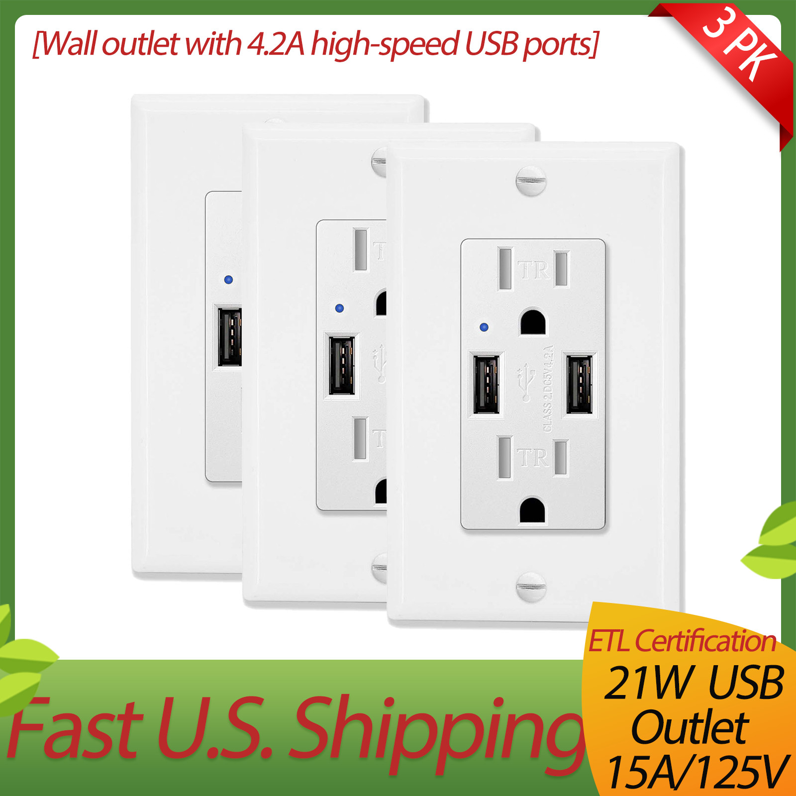 3 x Electrical Socket 4.2A USB White Wall Receptacle with LED Indicator,15A/125V