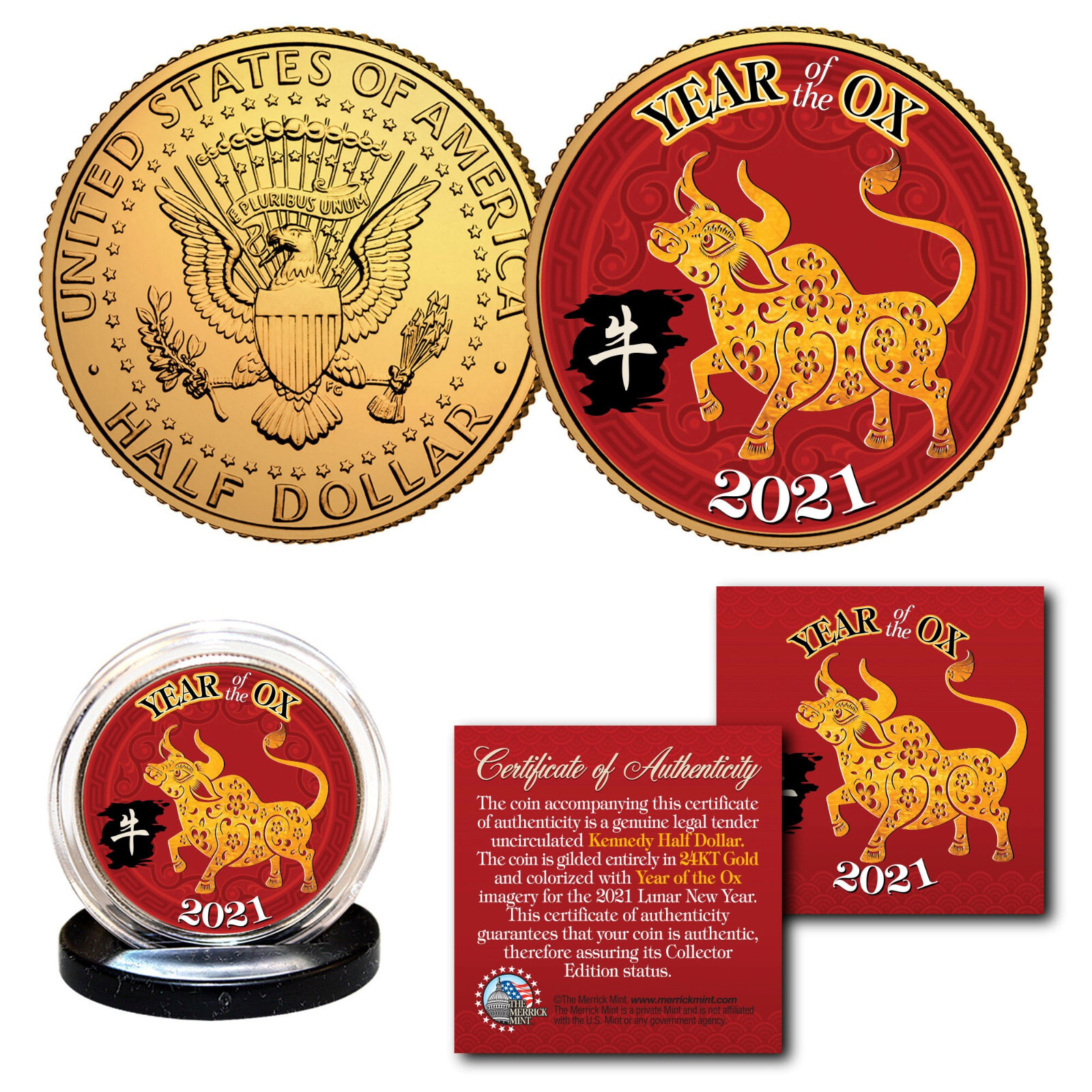 2021 Chinese New YEAR OF THE OX 24K Gold Plated JFK Kennedy Half Dollar Coin