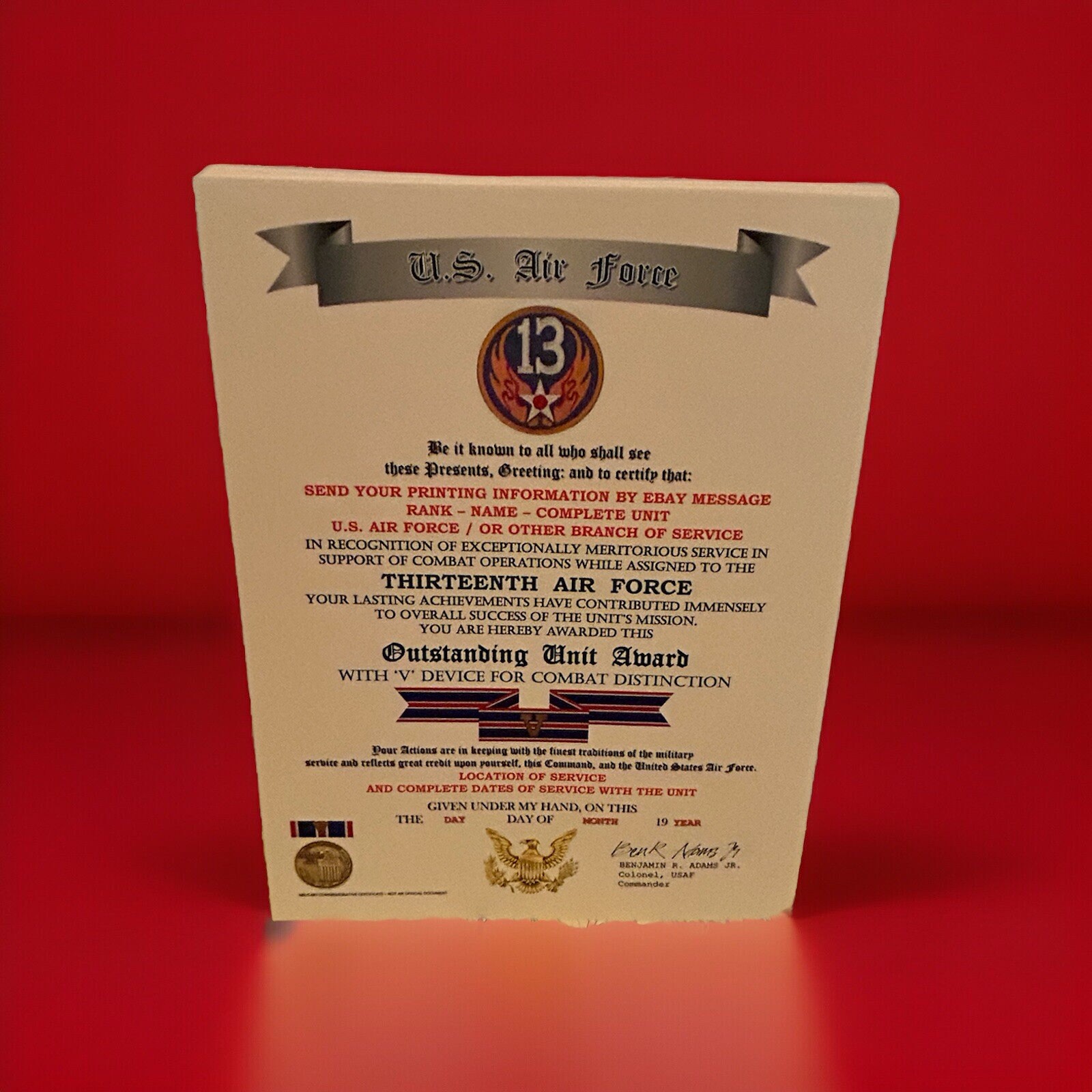 U.S. AIR FORCE / 13TH AIR FORCE - OUTSTANDING UNIT AWARD W/V DEVICE CERTIFICATE