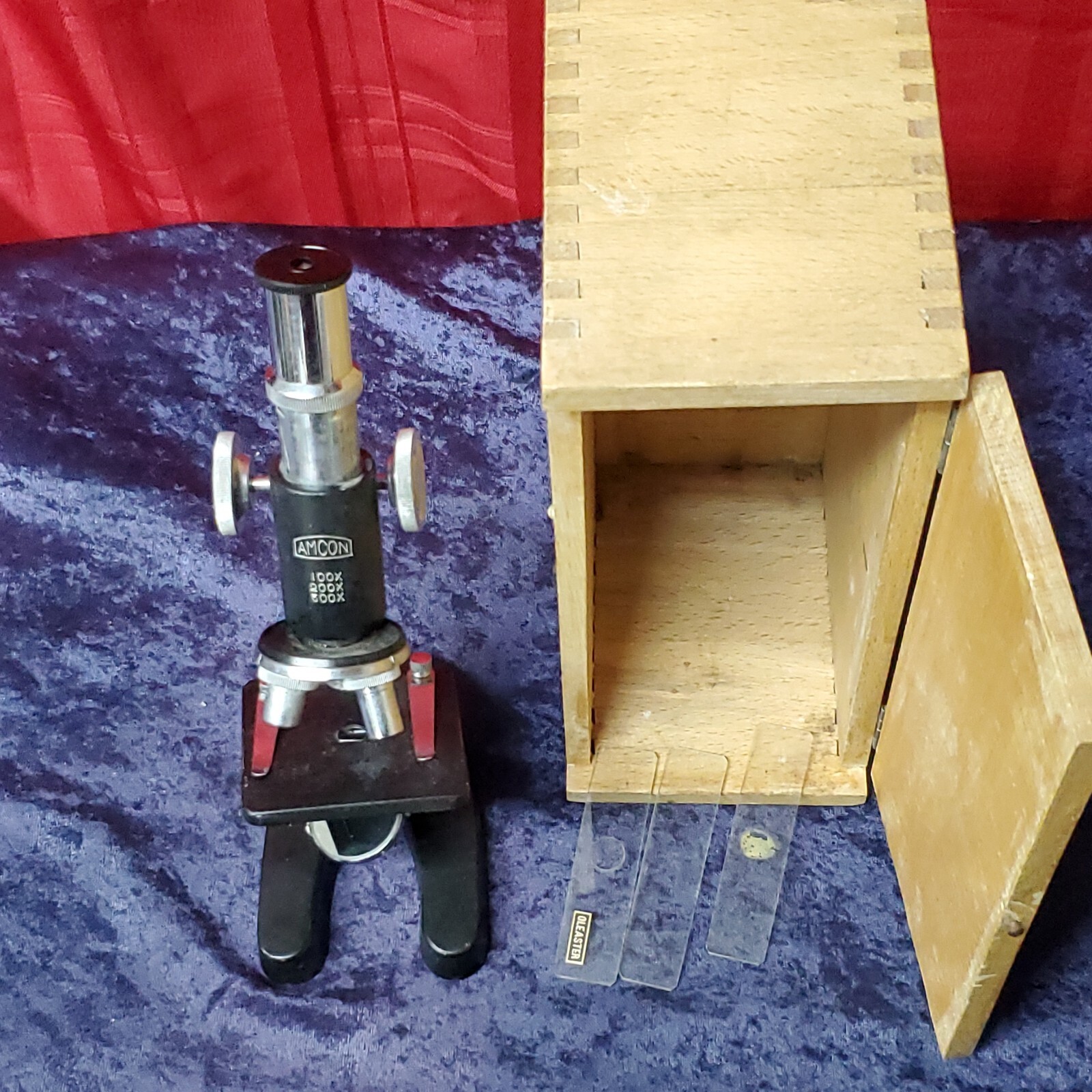 Amcon Microscope w/ Wood Dovetail Box 100x200x300x 1950s? Student 3 Glass Slides
