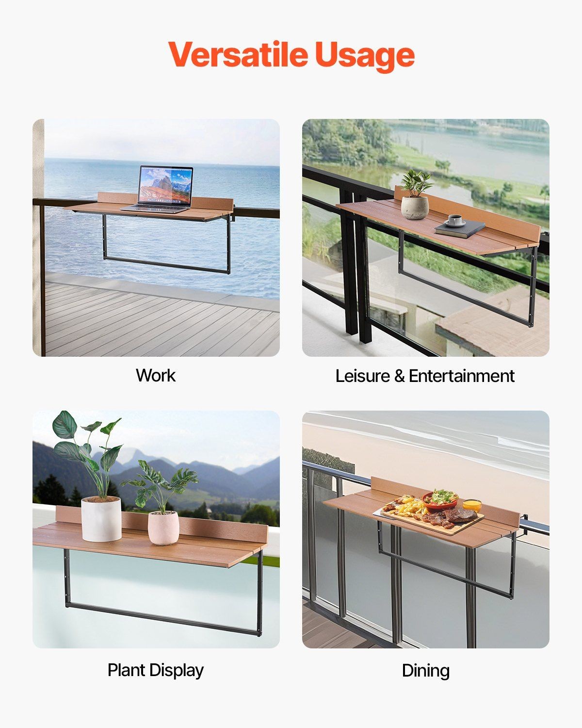 Rust-Resistant Balcony Table 15x39in 5-Setting Adjustable Foldable 50lb Support