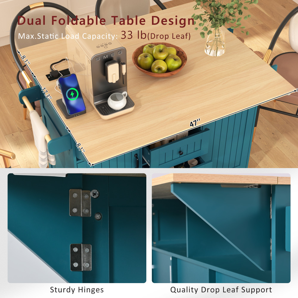 55.7'' Large Kitchen Island with 2 Drop Leaf,, Rolling Kitchen Cart on 5 Wheels