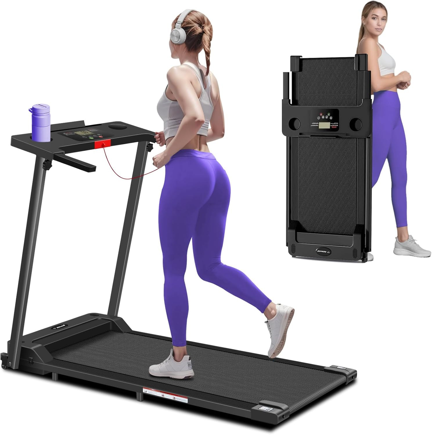 Upgraded Portable Treadmill with Handles, 300 lbs Capacity, LED Display
