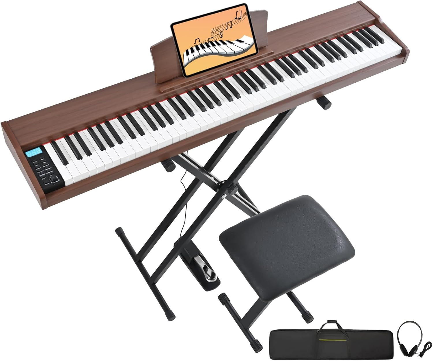 88-Key Weighted Digital Piano with Bench, Stand, Case & Headphones - Brown