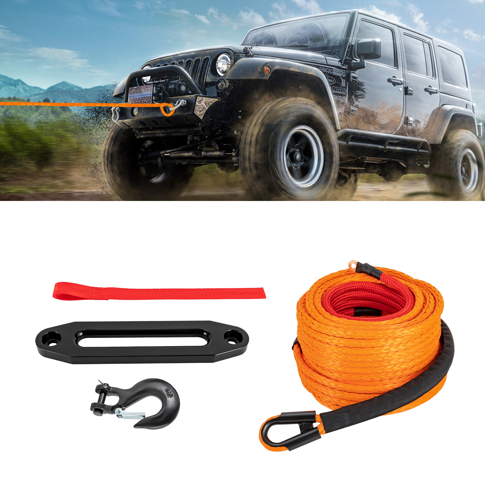 3/8" 100 FT Synthetic Winch Rope Winch Line Cable Rope with Winch Hook Fairleads