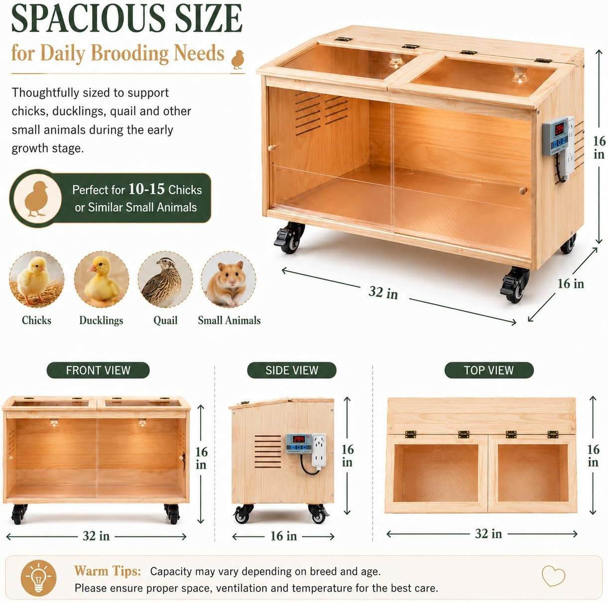 Wooden Chicken Brooder Box, Pine Wood Brooder Box for Chicks with Heat Lamps, Th