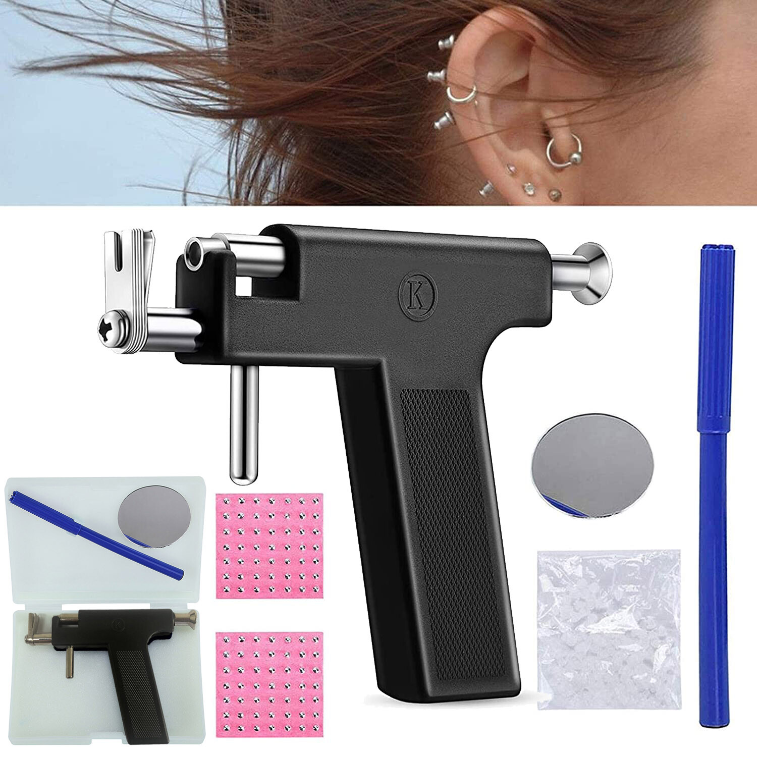 Professional Body Piercing Gun Kit Ear Nose Navel Tool Set with 98 Studs DIY Use