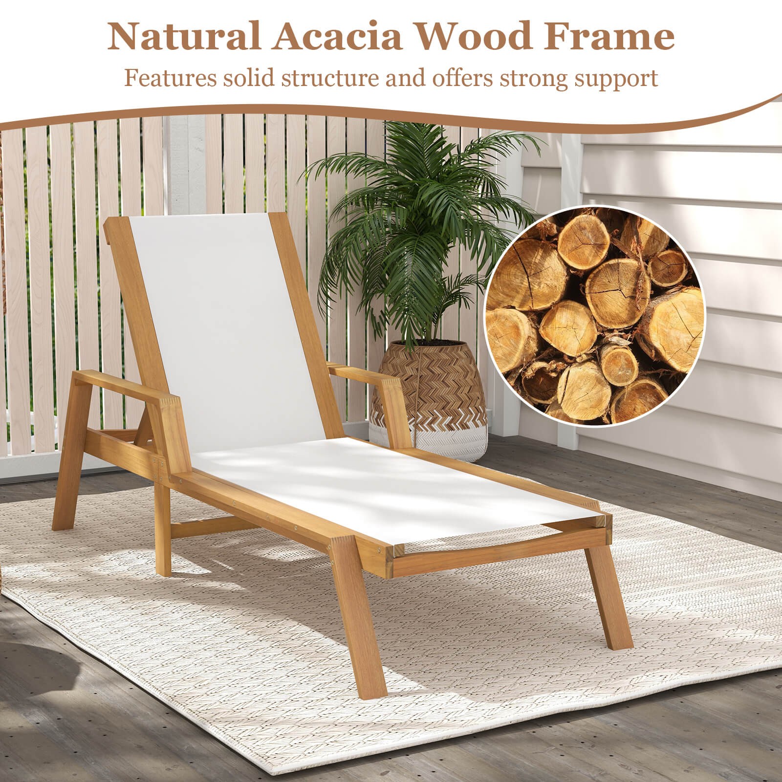 2PCS Outdoor Chaise Lounge w/ Adjustable 5-position Backrest Solid Wood Frame
