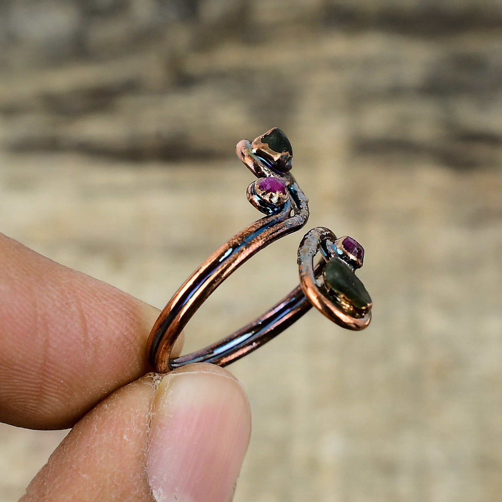 Multi Tourmaline Rough Copper Electroformed Adjustable Ring Size Adjustable