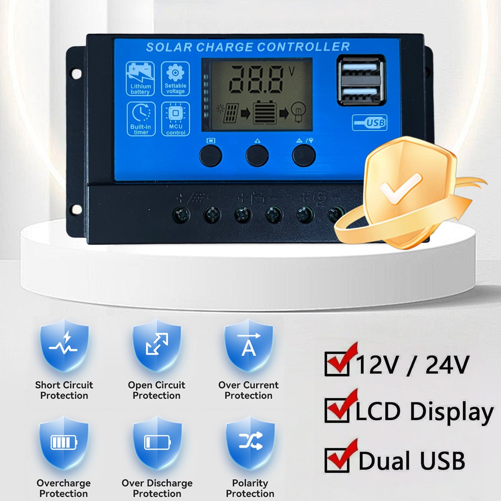 30A Solar Panel Battery Charge Controller 12V/24V LCD Regulator Auto Dual USB