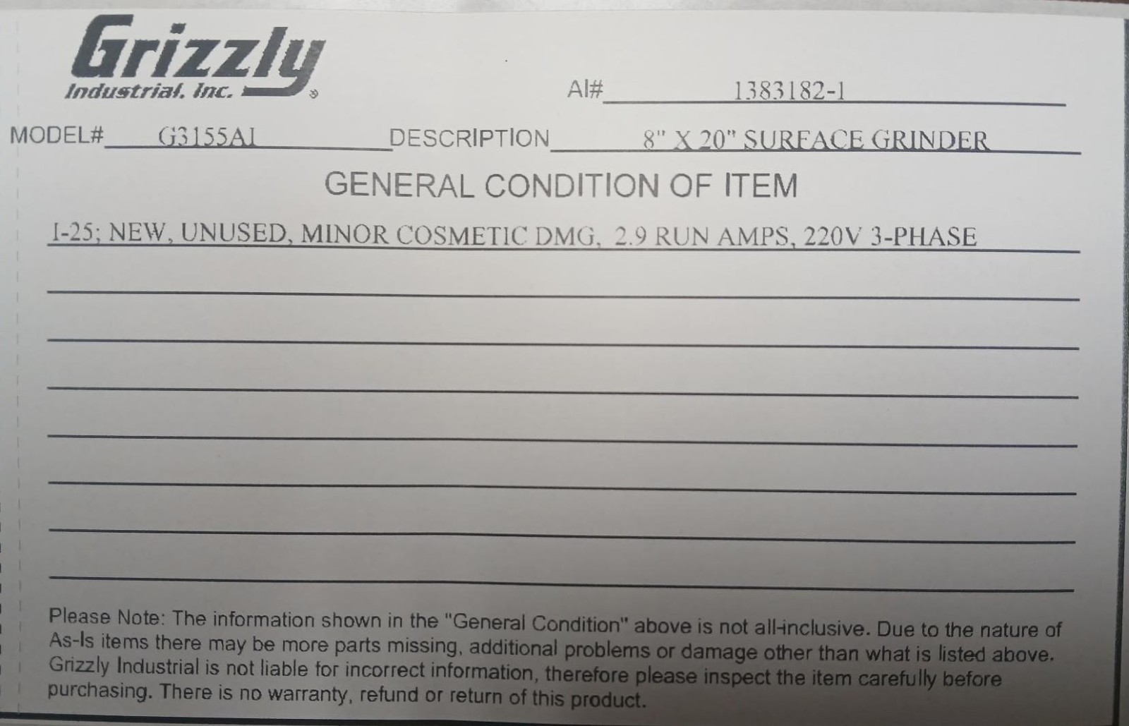 Grizzly 8" x 20" Surface Grinder