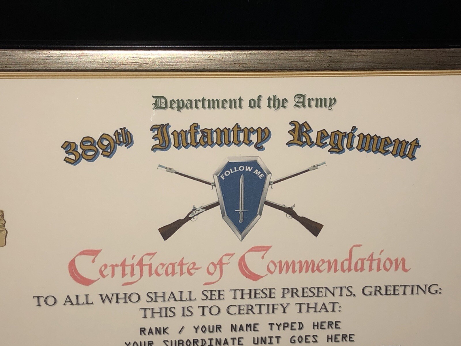389TH INFANTRY REGIMENT / COMMEMORATIVE - CERTIFICATE OF COMMENDATION