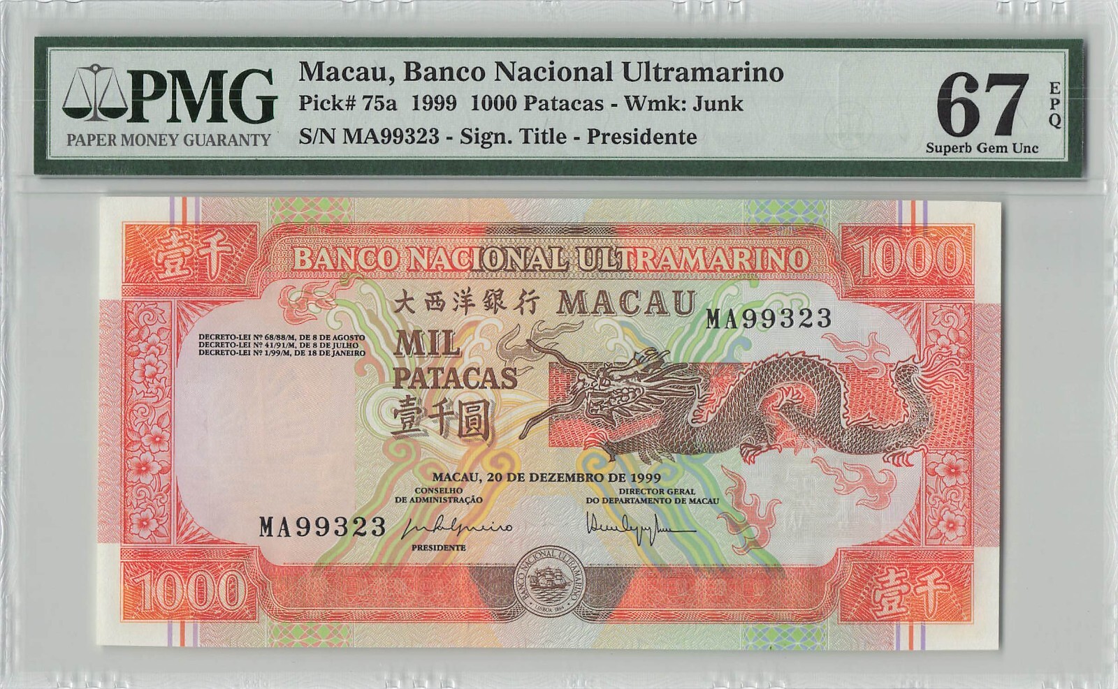 Macau, Banco Nacional Ultramarino P75a, PMG Graded 67 Superb Gem Unc, Banknote.