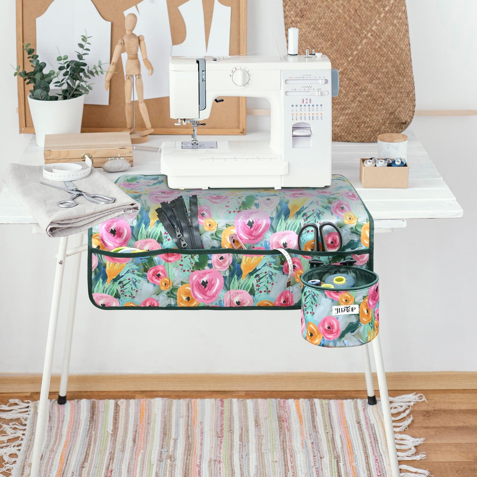 Sewing Machine Pad for Table with Pockets, Non-Slip Floral Mat, Organizer for...