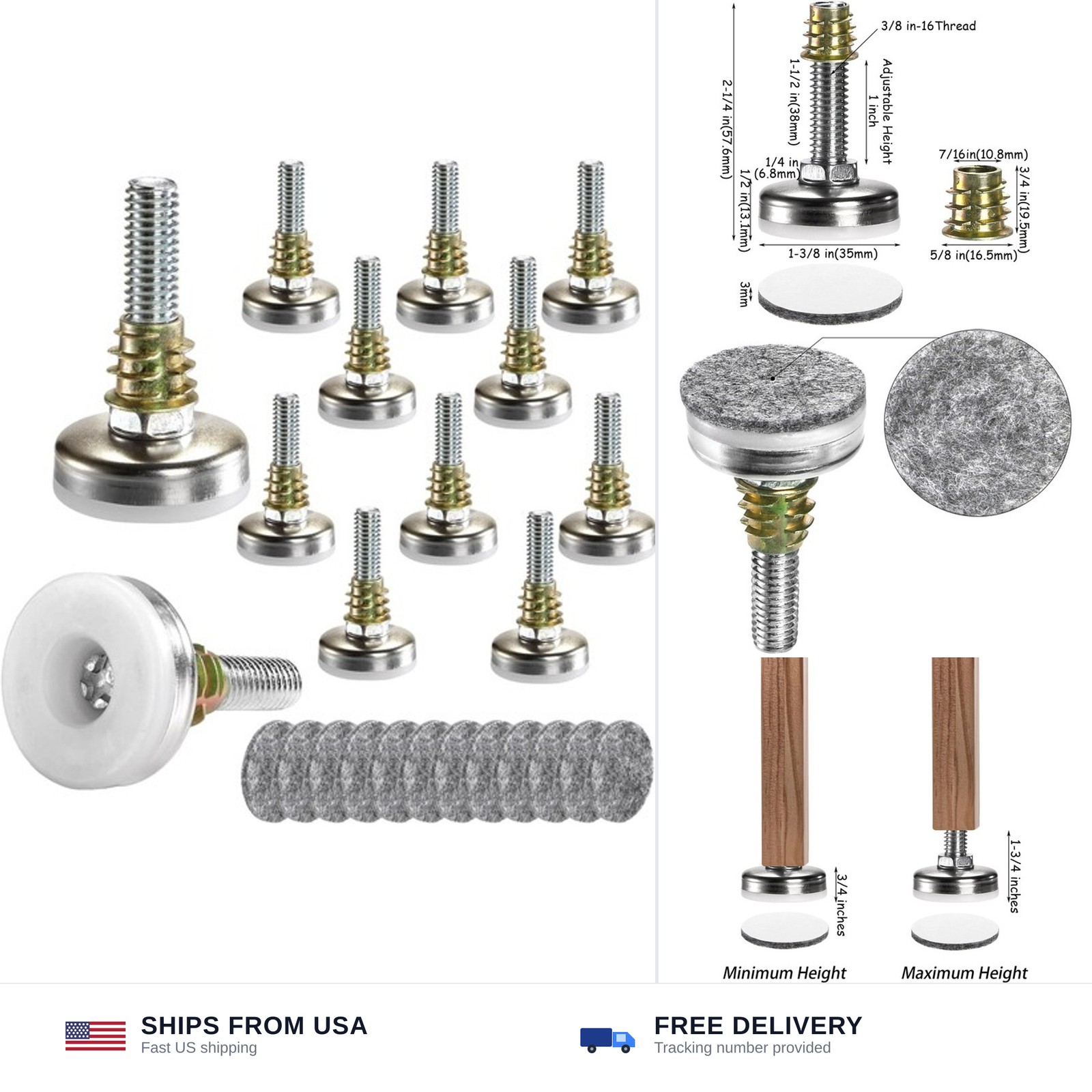 Coloch 12 Pack Adjustable Furniture Levelers, 3/8“-16 Thread Heavy Duty Furni...