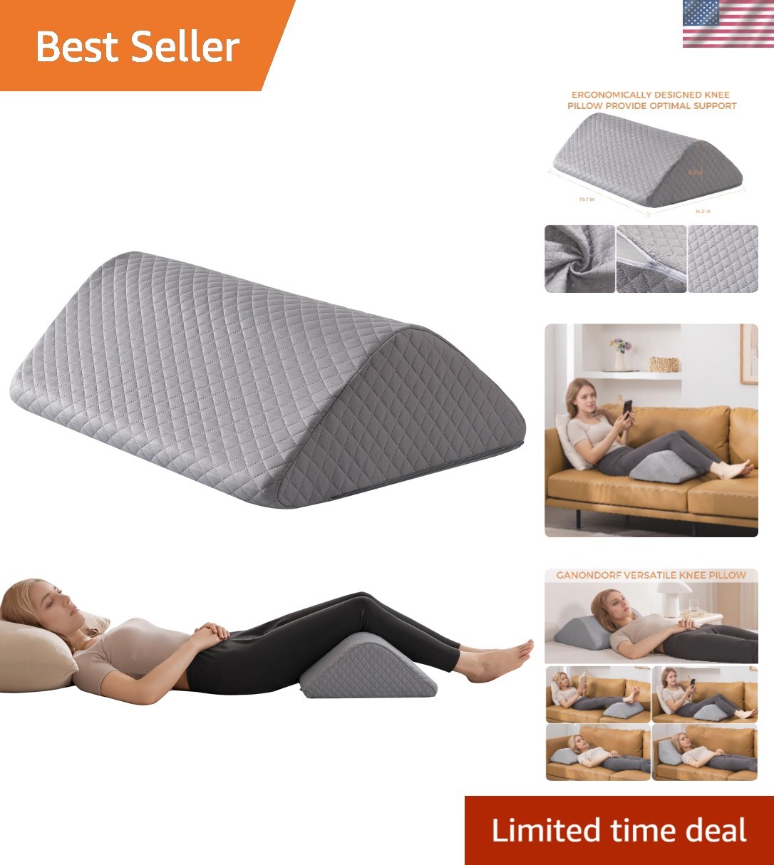 Ergonomic Knee Wedge Pillow 6.3'' - Ideal for Post-Surgery Recovery & Comfort