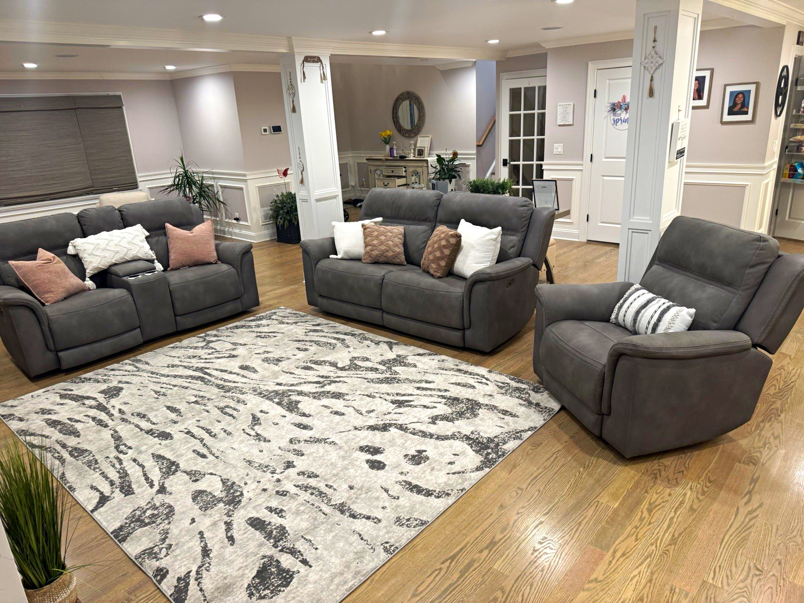Ashley Furniture Gray Faux Leather Reclining Sofa Set w/ USB & Cup Holders