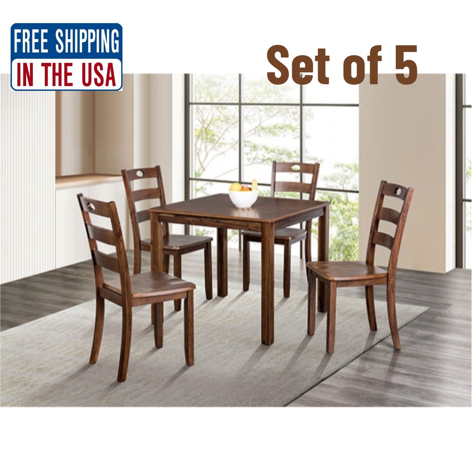 Traditional Dining Set of 5 with 1 Table and 4 Chairs Solid Wood Walnut Finish