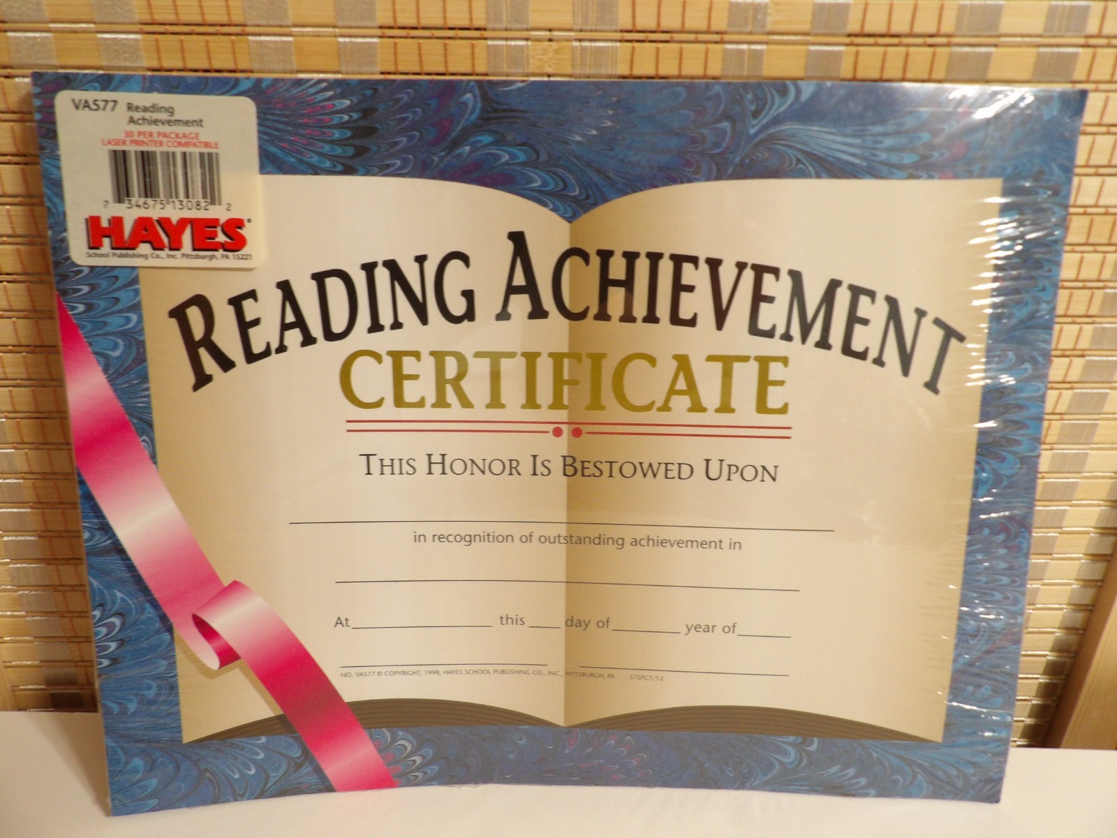 Hayes Reading Achievement Certificate 8.5" x 11" Pack of 30 (VA577)