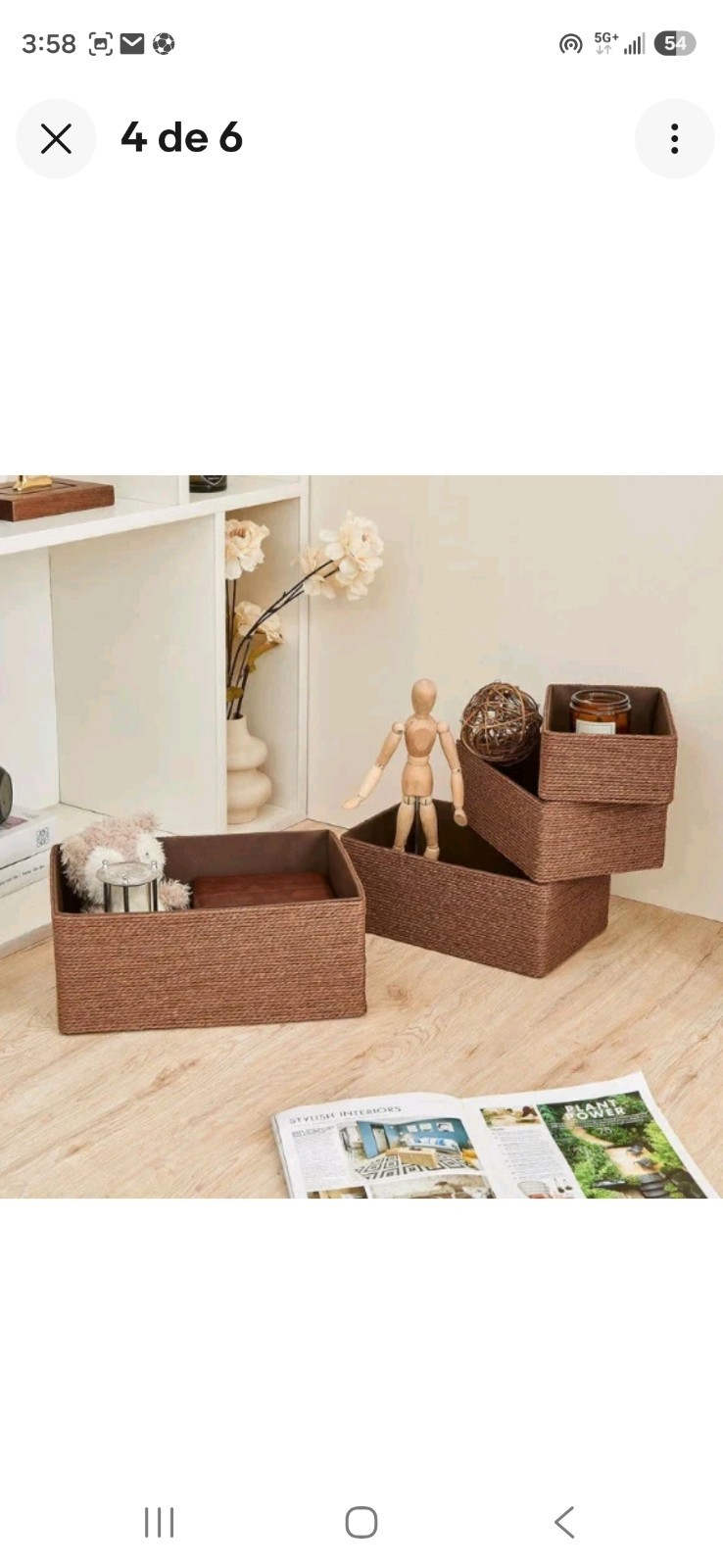 Set of 4 Brown Wicker Rectangular Stackable Woven Storage Baskets, Modern