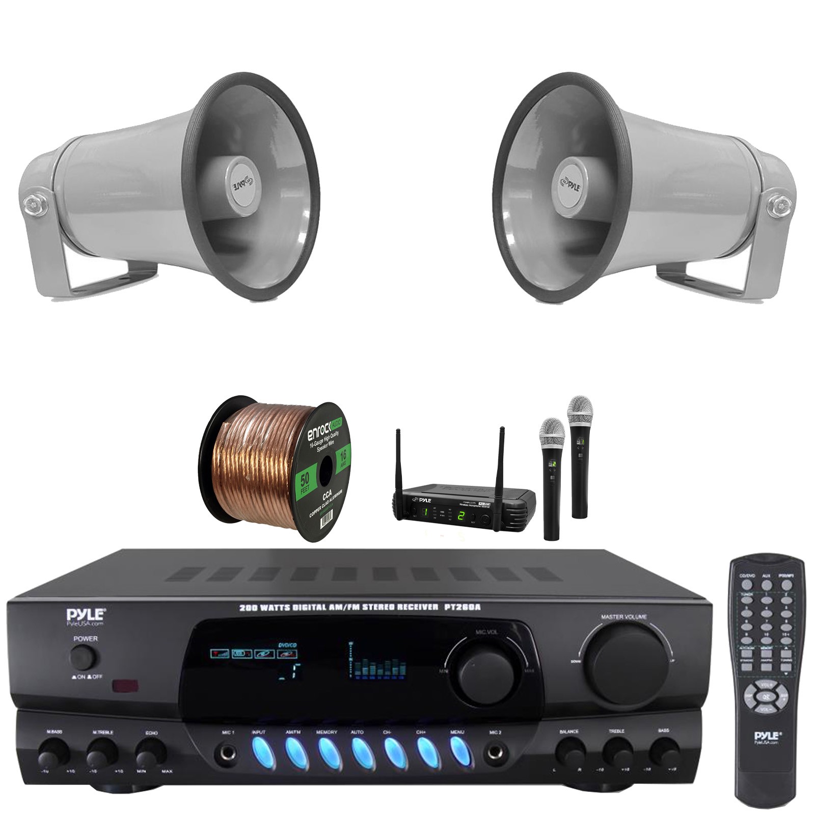 Pyle Stereo Home Display Receiver, 2x 8.1'' 50W Max PA Horn Speakers, Mic System