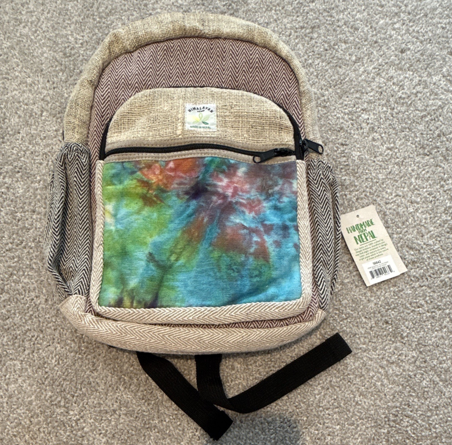 Himalayan Hemp Hemp Tie-Dye Backpack Front Zip Pocket Adjustable Straps M