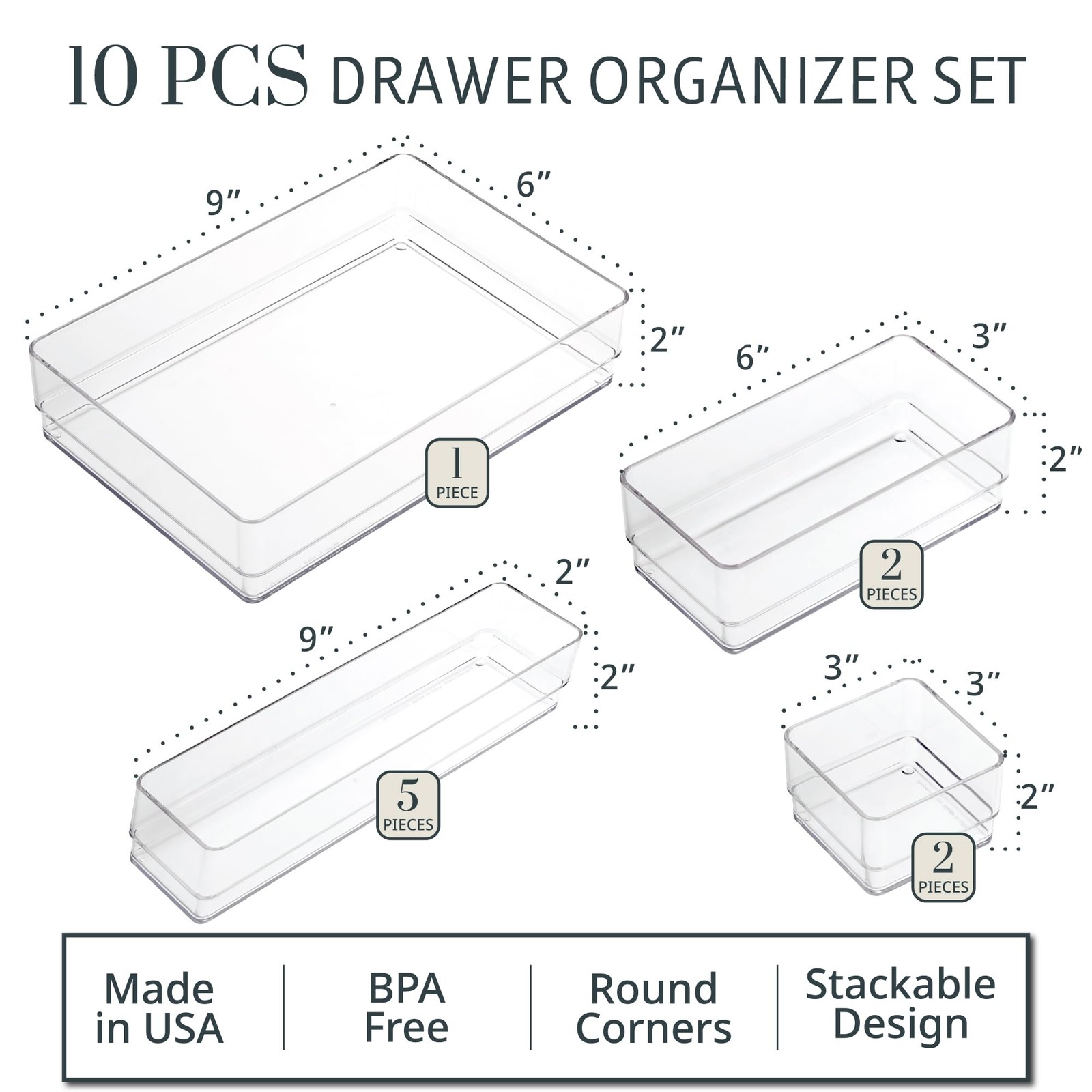 SimpleSort 10-Piece Stackable Clear Drawer Organizer Set | Multi-size Trays |...