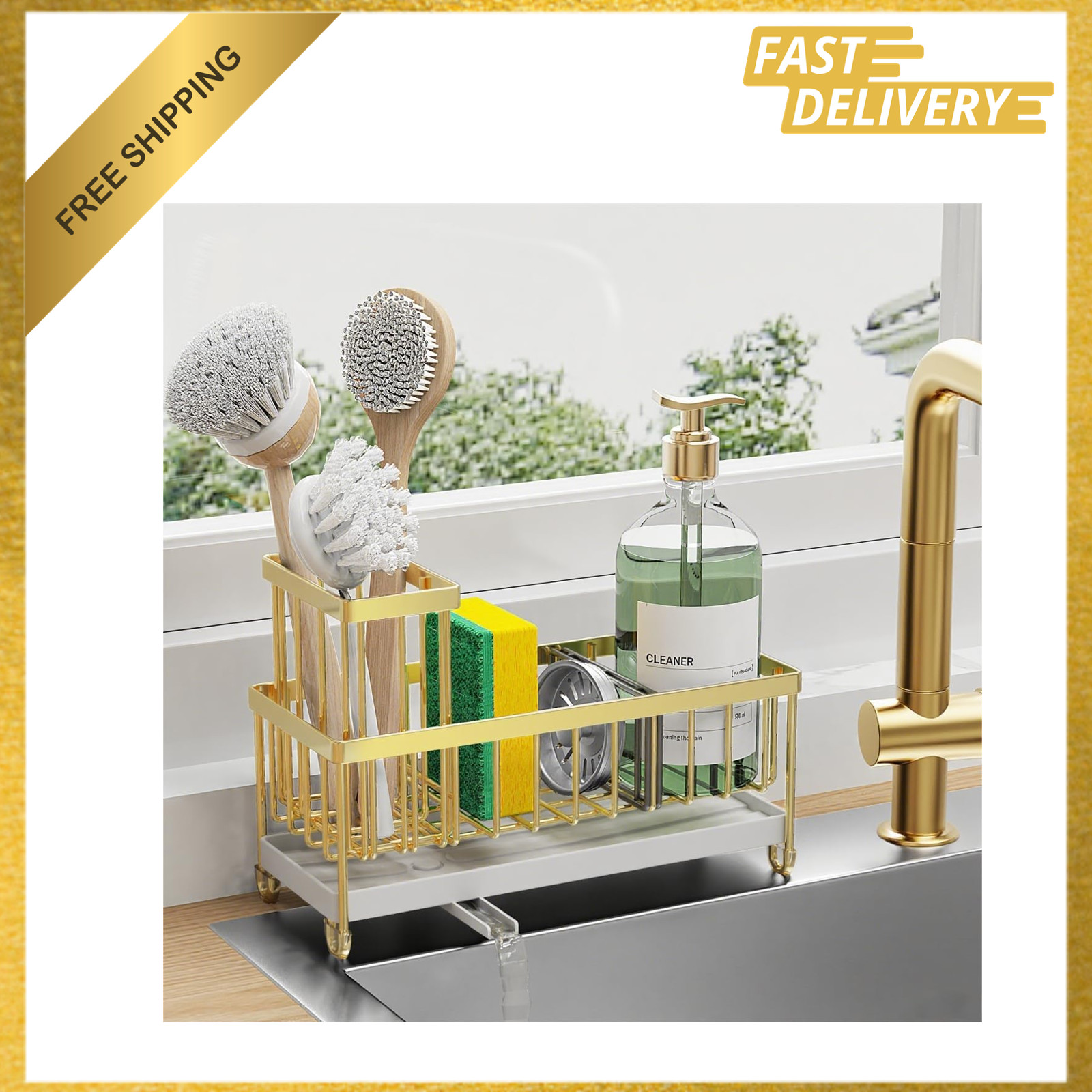 Kitchen Sink Caddy Organizer Stainless Steel with Rotatable Spout and Brush