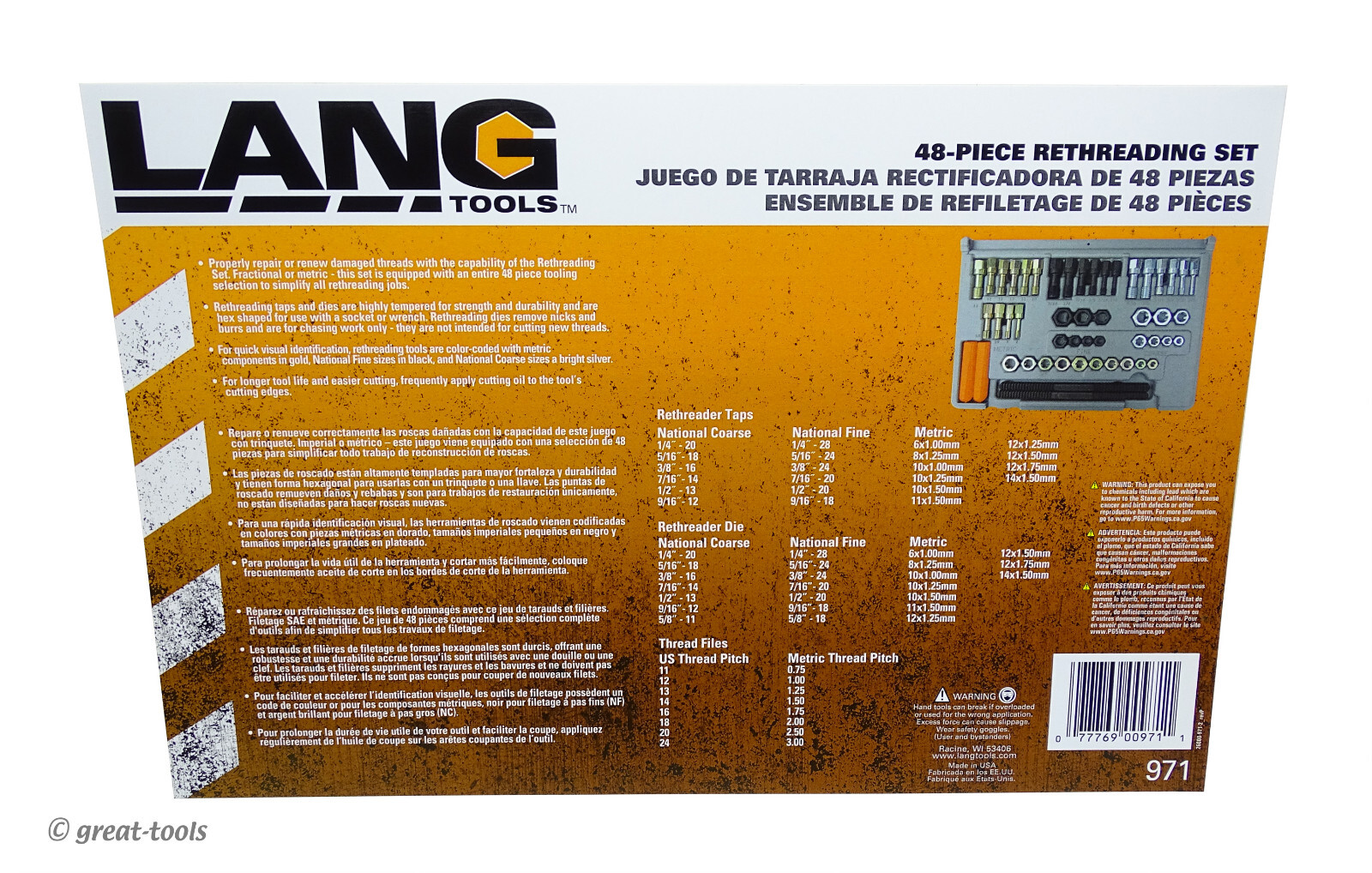 48-PC RETHREADING SET – USA made Lang Tools thread restorer tap & dies