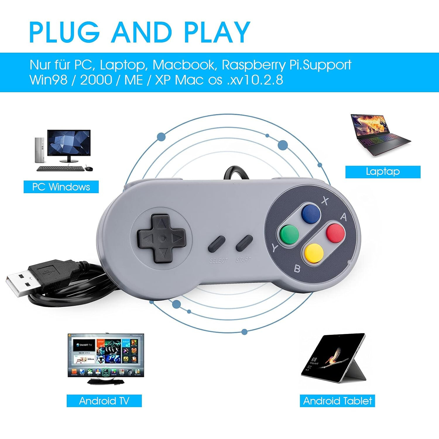 2 Pack USB Long Wired Super Nintendo SNES PC Controller Gamepad Joystick