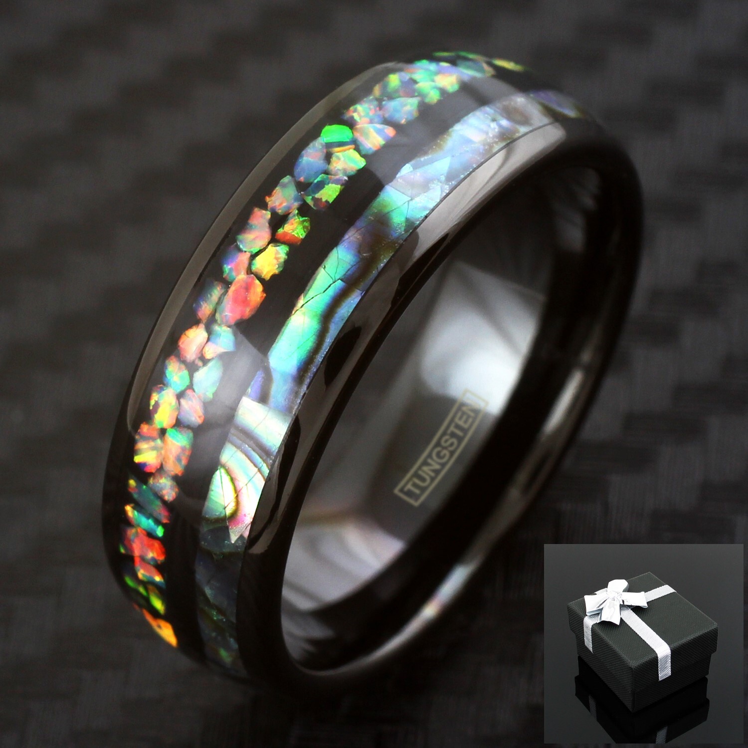 8mm Tungsten Mens Polished Black Hawaiian Opal & Abalone Inlay Wedding Band Ring