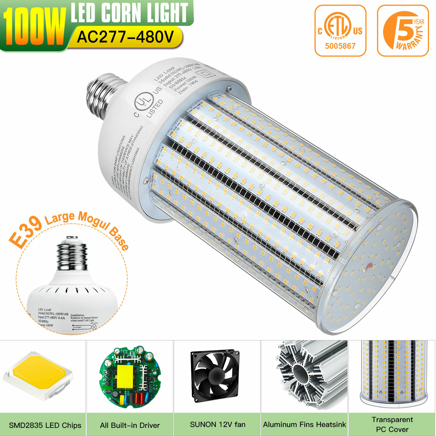 Retrofit High Bay Lighting 100W LED Corn Cob bulb Warehouse Garage Workshop 480V