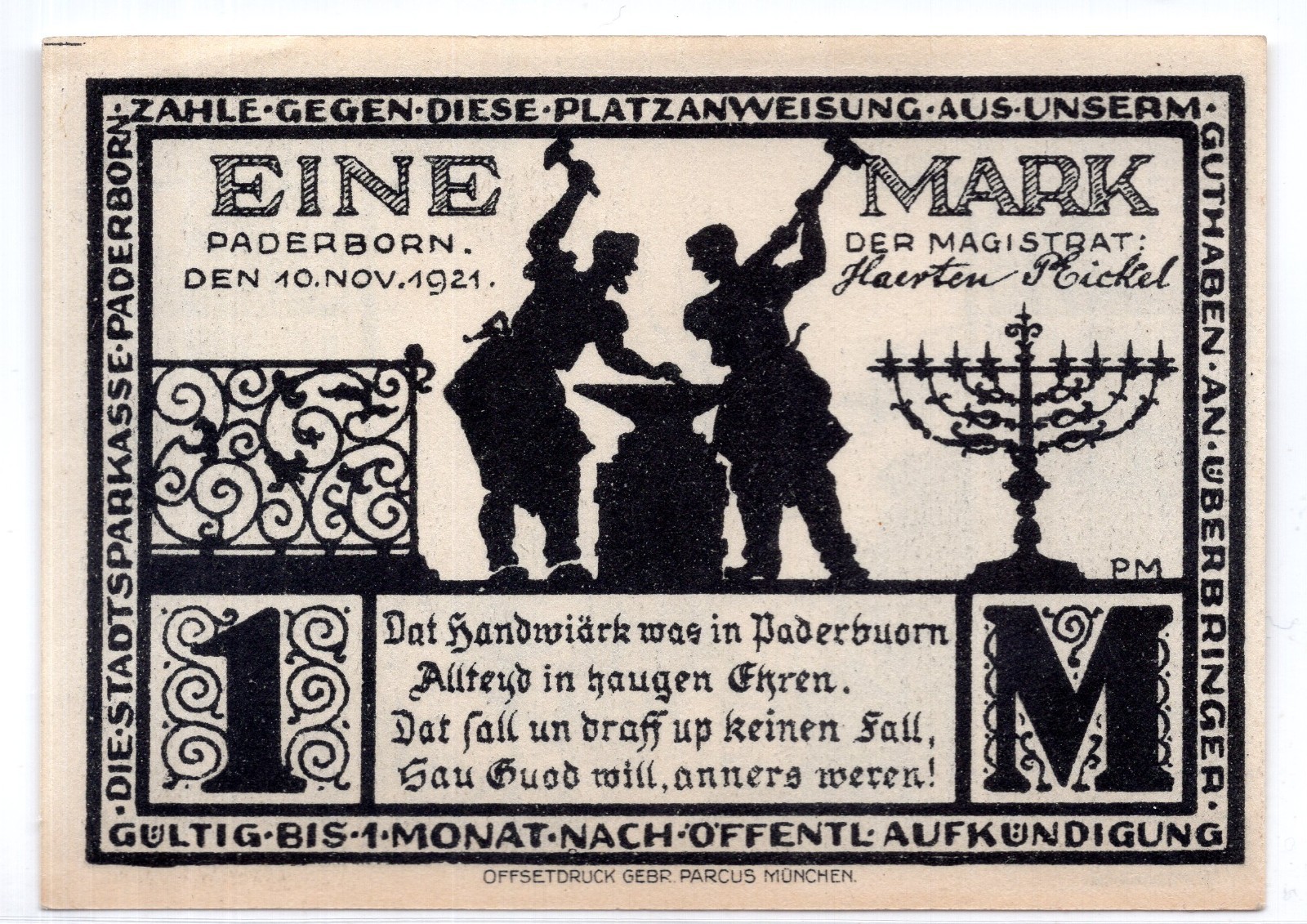 1921 Germany Paderborn 1 Mark Note (2869)